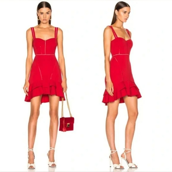 Jonathan Simkhai Ruffle Hem Mini Corset Dress Fire Red Crepe Combo Size 6 - Picture 1 of 10